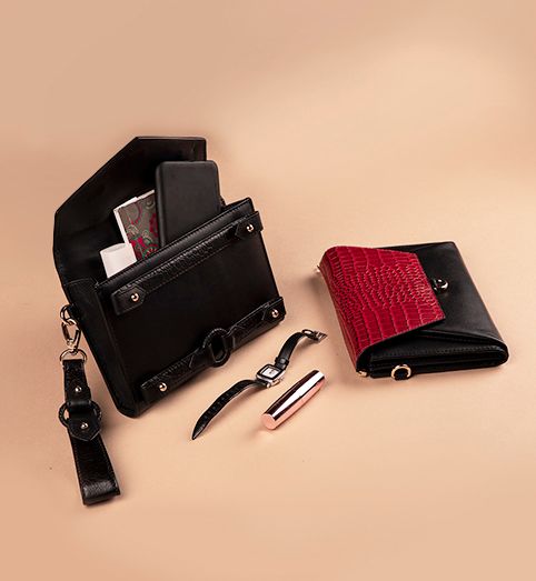 Ember Belt Bag with Ember Sleek Wallet & Wristlet in Black & Red Leather