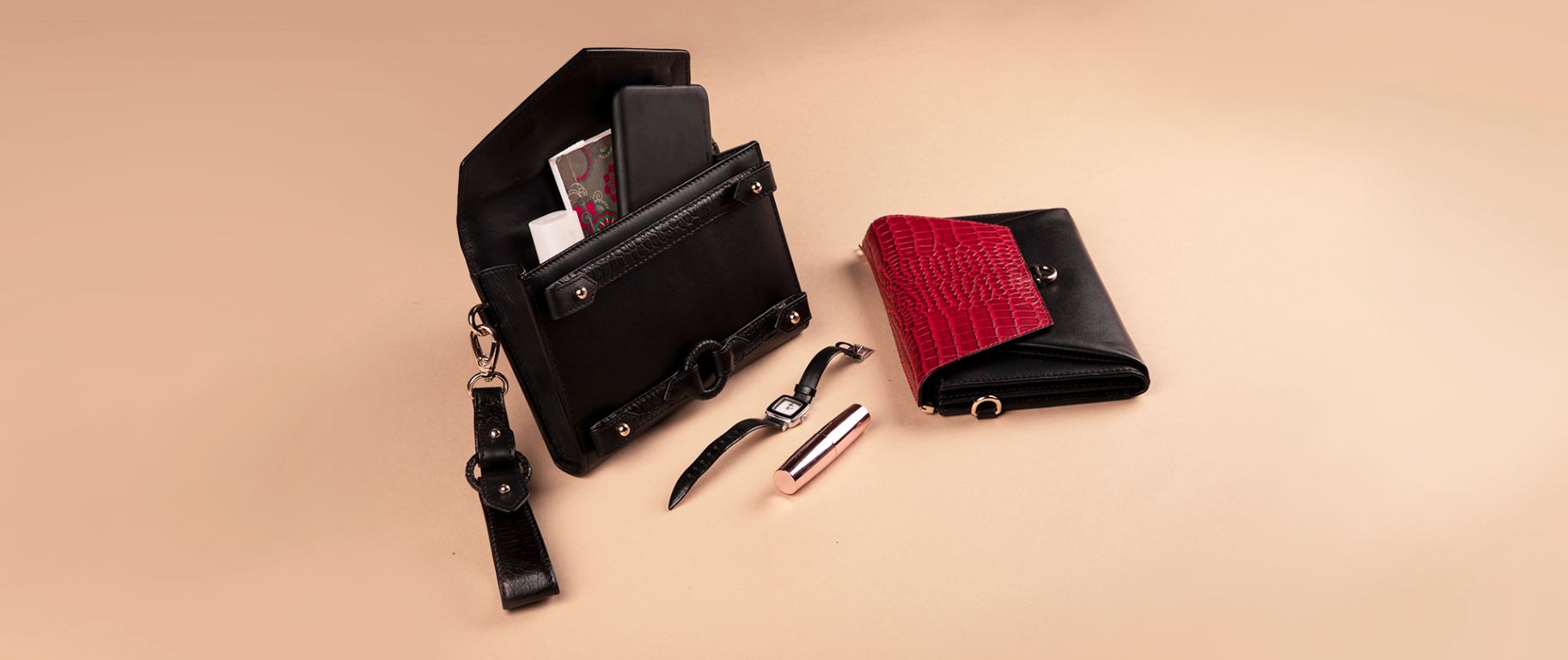 Ember Bag with Bracelet & Sleek Wallet in black & red leather