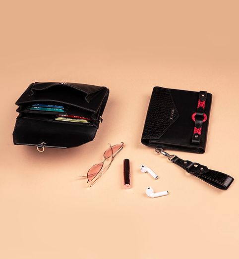 Ember Bag with Sleek Wallet in black & red  Leather