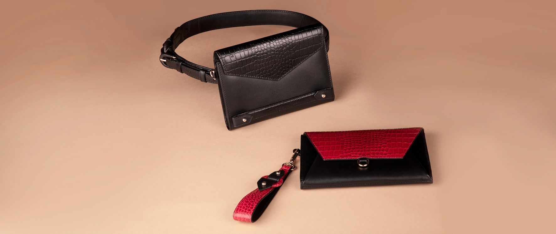 Ember Belt Bag & Crossbody with Sleek Wallet-Wristlet in Black & Red Leather