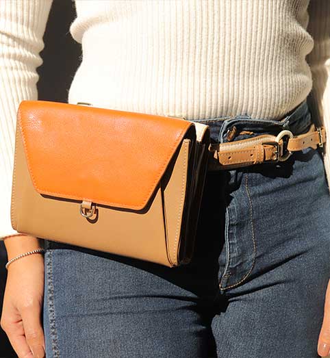 Ember Belt Bag-Clutch-Wallet-Wristlet in Beige white & orange Leather
