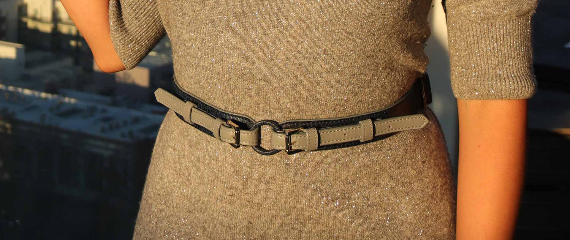 Ember slim high-waist belt in grey & blue leather