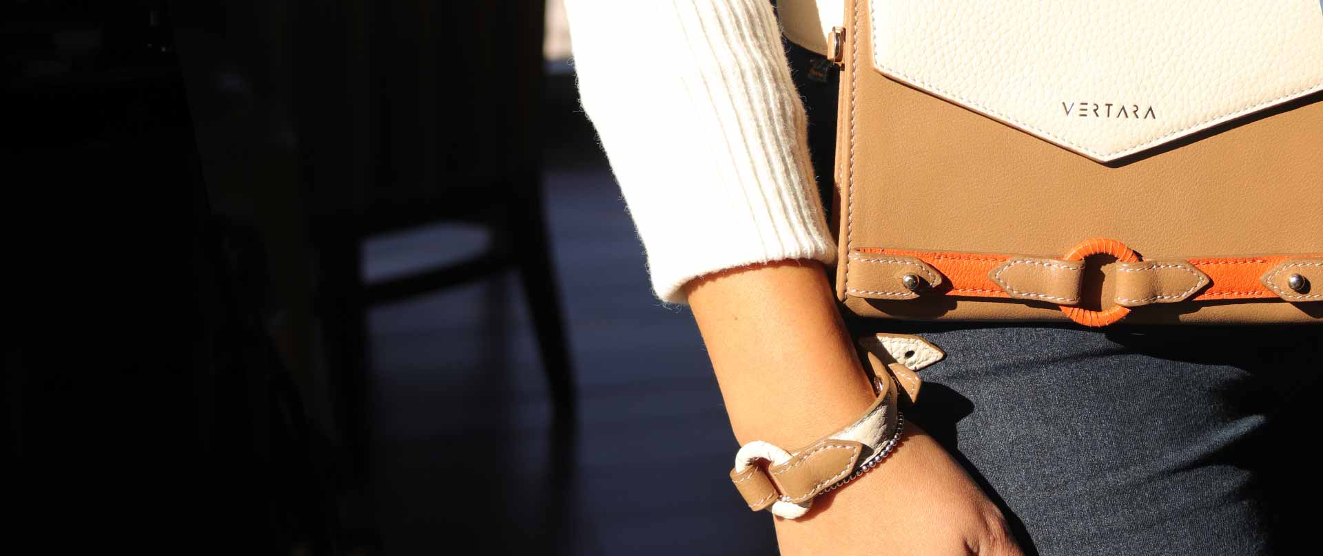 Ember Beige & white Leather Bracelets can be worn as wristband or gets attached to Handsfree Bag & Sleek Wallet
