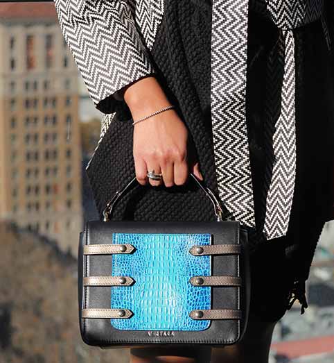 Black Leather Asteria Evening Bag with turq blue Phone Pocket