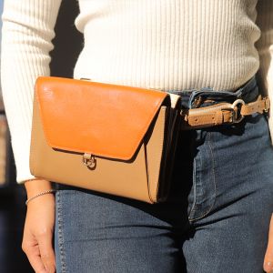 white orange leather compact belt bag