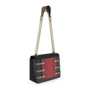 small-size top handle black leather bag with doubled-up metal sling & shoulder accessory