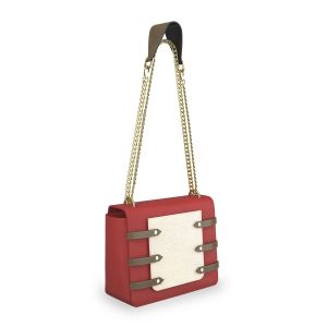 Red leather women designer handbag with metal sling