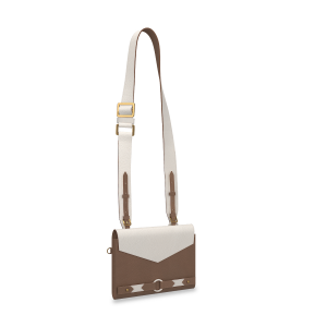 white beige leather flap bag with leather crossbody sling
