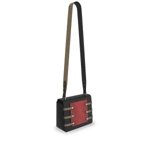 classic black leather sling bag with red phone case & metallic copper leather crossbody sling