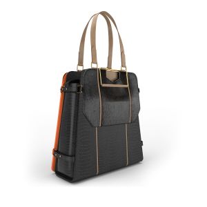 3-in-1 Premium Black leather shoulder bag  with Orange laptop bag & Black clutch