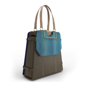 3 in 1 Premium leather shoulder bag in  metallic copper textured leather with bright blue laptop bag & Turquoise blue clutch bag