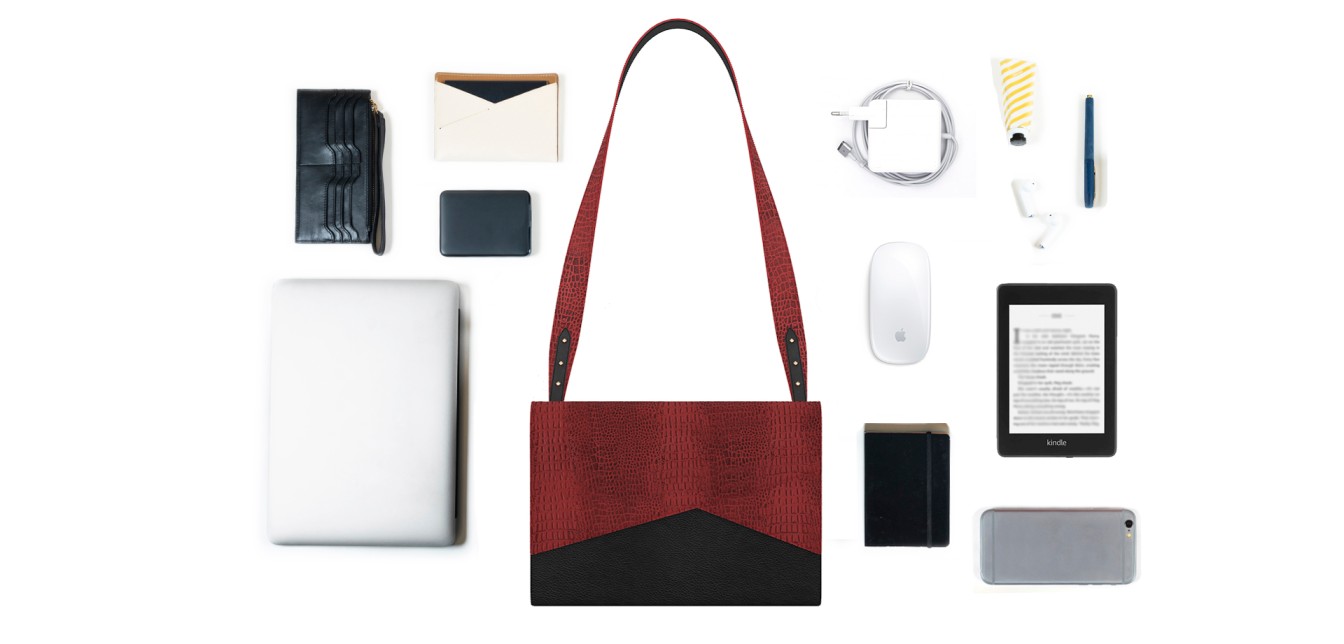 Volt Laptop Sleeve & Sling in Black leather fits in laptop, phone, wallet & passport case