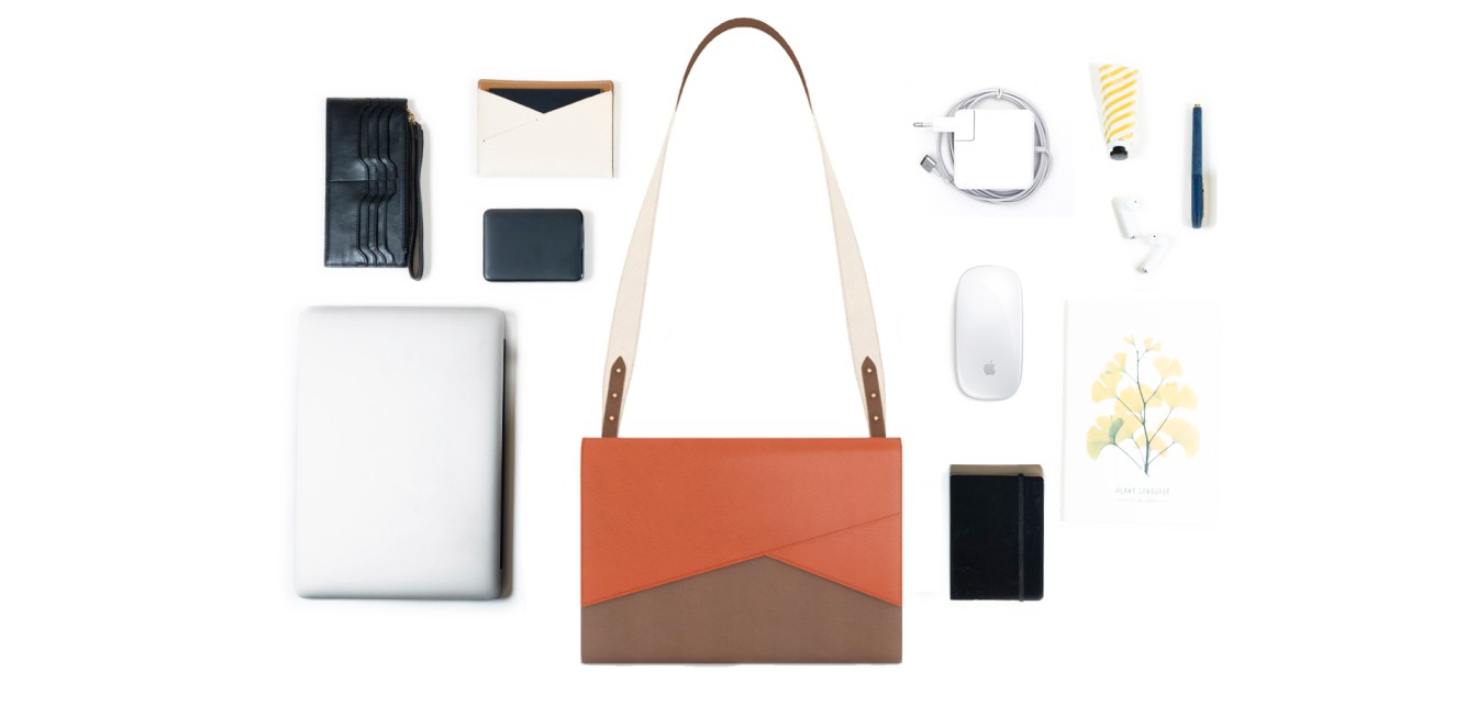 Volt Laptop Sleeve & Sling in Beige leather fits in laptop, phone, wallet & passport case