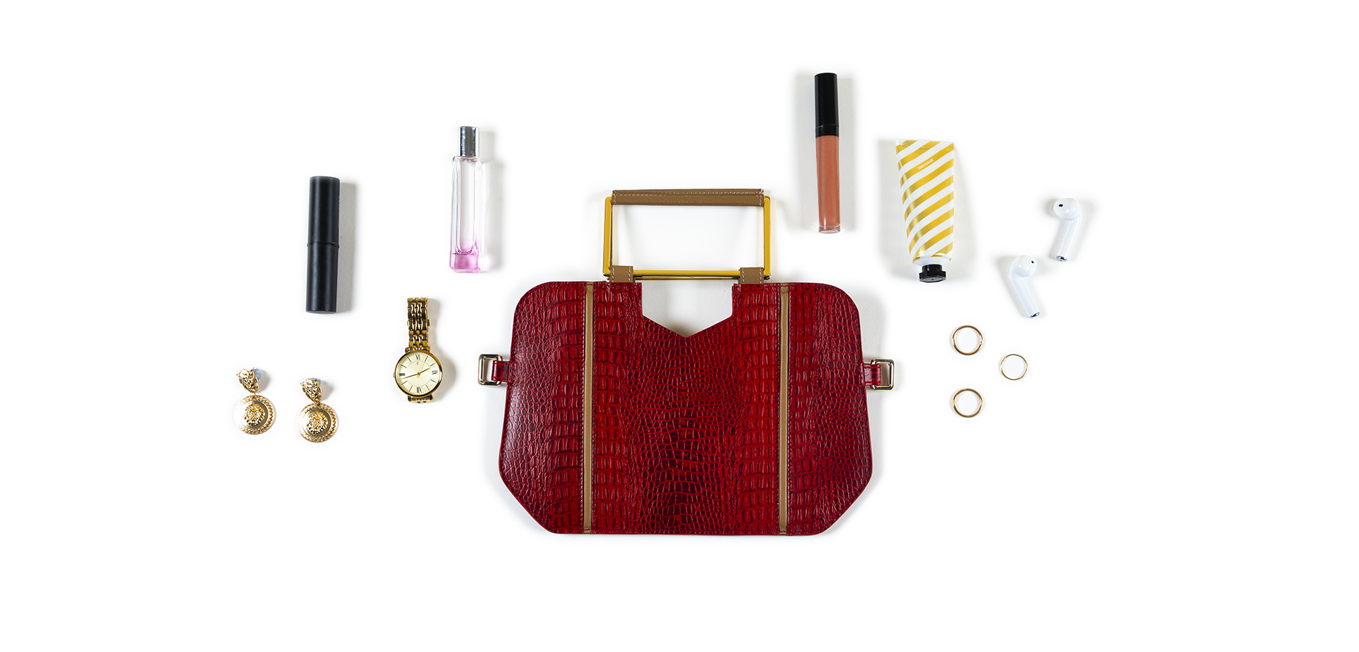 Sleek Triad Clutch in Red leather fits cosmetics & phone