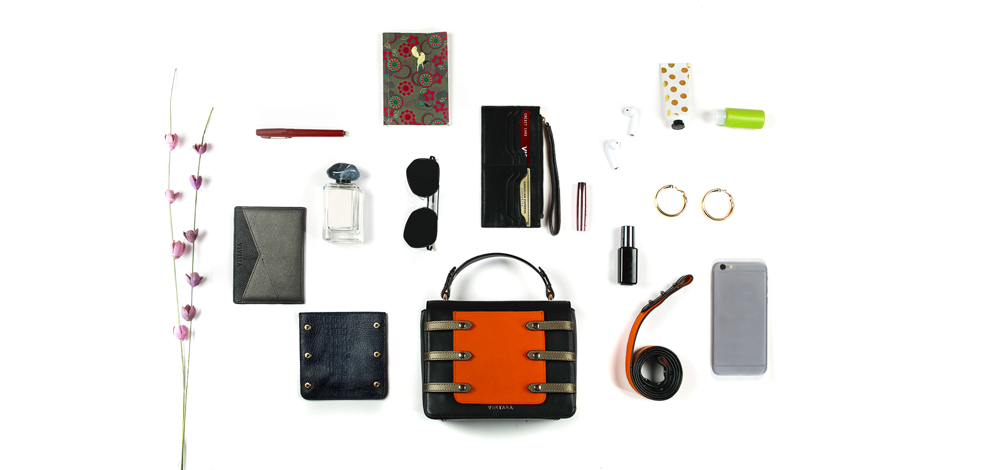 Asteria Black Leather bag with orange phone pocket & crossbody sling fits wallet & passport case