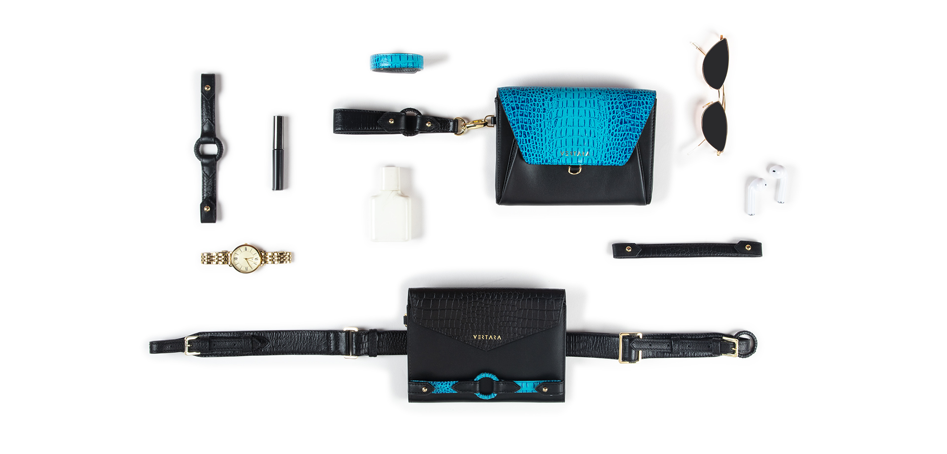 Ember Belt Bag-clutch-wallet-wristlet with Ember Bracelets in Black & Turquoise Leather fits cards, cash & phone.