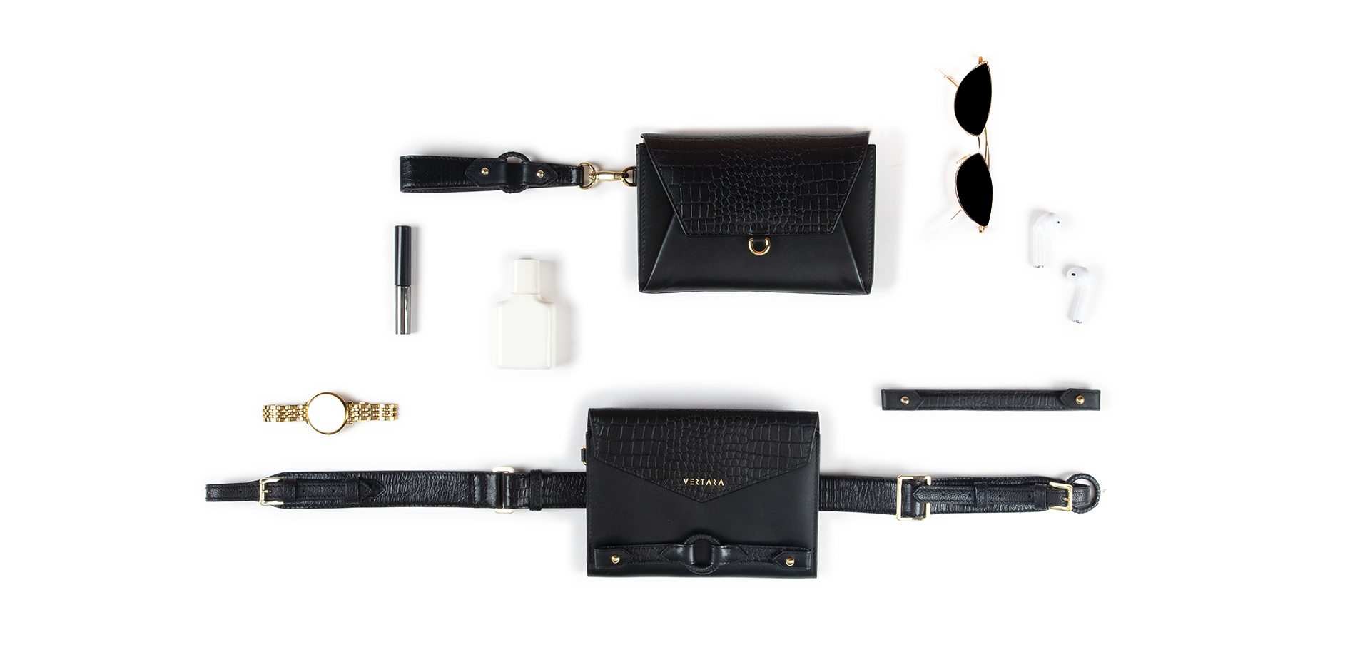 Ember Belt Bag-clutch-wallet-wristlet with Ember Bracelets in Black Leather fits cards, cash & phone.