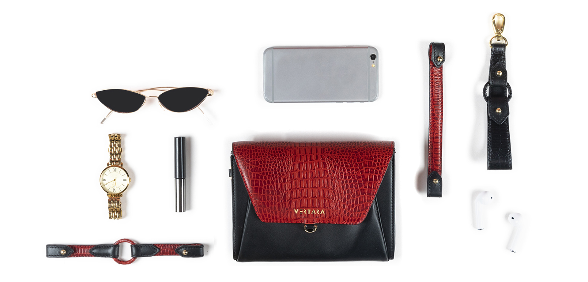 Ember Sleek Wallet, Clutch & Wristlet with Ember Bracelets in Premium Black & Red Leather fits cards, cash & phone.