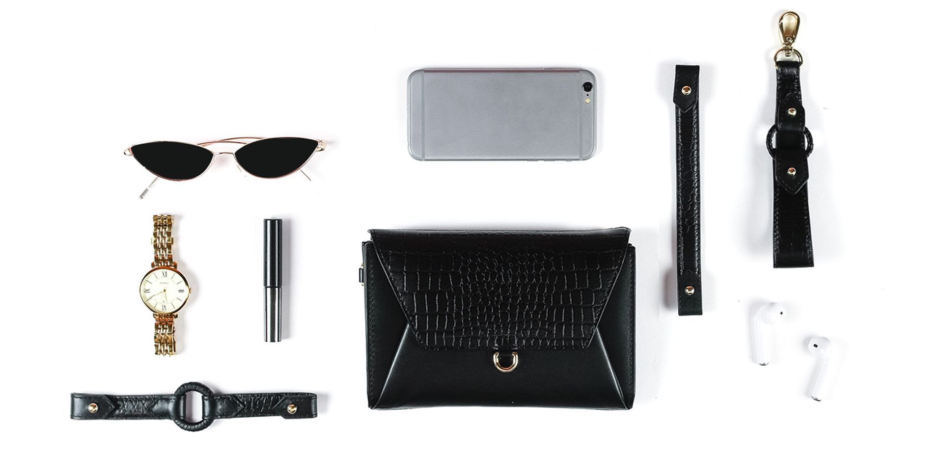 Ember Sleek Wallet, Clutch & Wristlet with Ember Bracelets in Premium Black Leather fits cards, cash & phone.