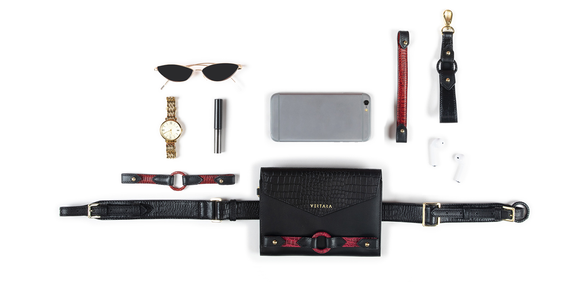 Ember Belt Bag-clutch-wallet-wristlet with Ember Bracelets in Black Leather fits cards, cash & phone.