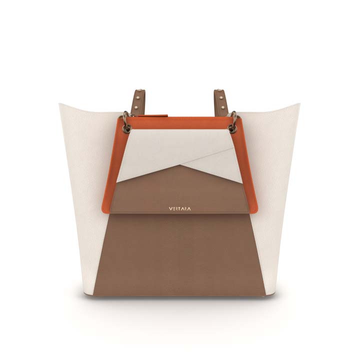 Verve Backpack Tote Purse | Convertible leather bag in Beige & White with orange clip-on Purse