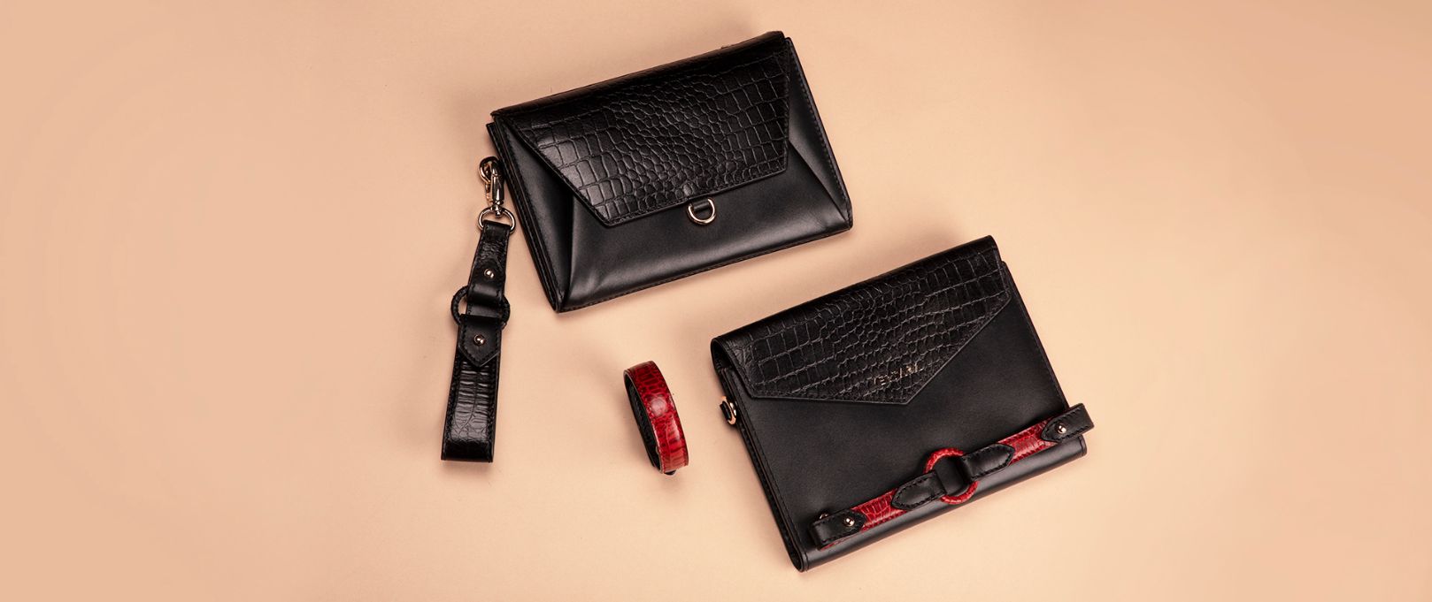 Ember handsfree Bag  & Sleek Wallet with bracelet & wristlet in Black leather