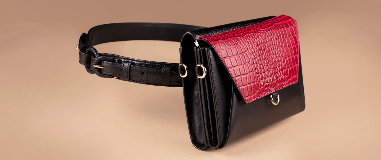 Ember Belt Bag-Clutch-Wallet-Wristlet in Black & Red Leather