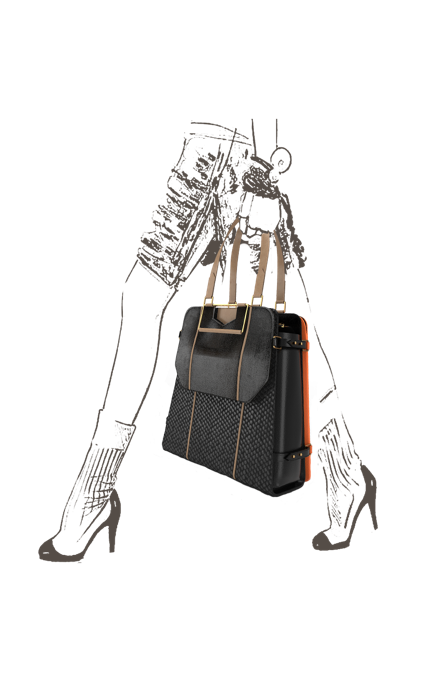 A Sleek & Shiny Black Triad Clutch attached to Black Carry-All Bag
