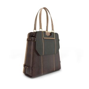 3in1 premium leather textured brown shoulder bag with sleek laptop bag in beige leather & metallic grey clutch