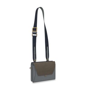 grey & navy color smooth soft casual leather belt bag with crossbody leather sling
