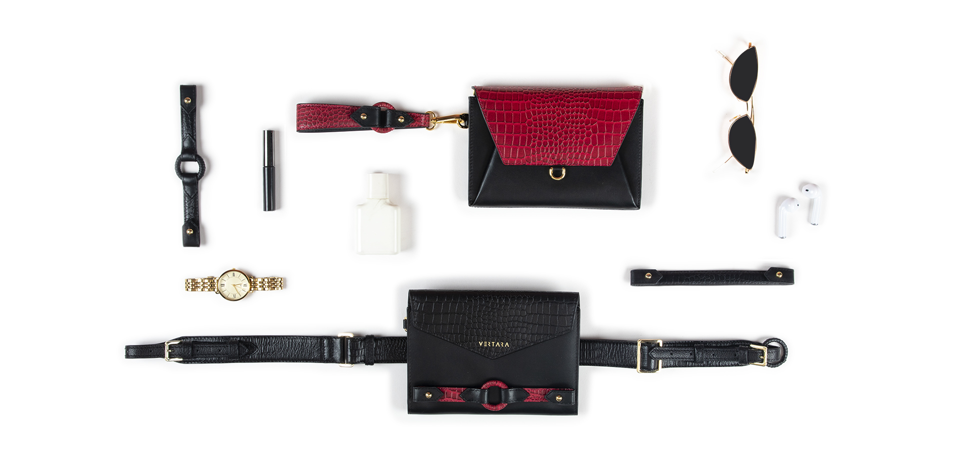 Ember Belt Bag-clutch-wallet-wristlet with Ember Bracelets in Black & Red Leather fits cards, cash & phone.