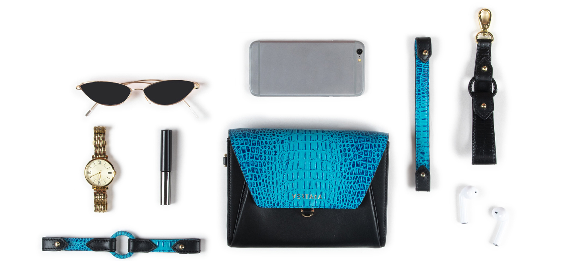 Ember Sleek wallet, Clutch & wristlet with Ember Bracelets in Black & Turquoise Leather fits cards, cash & phone