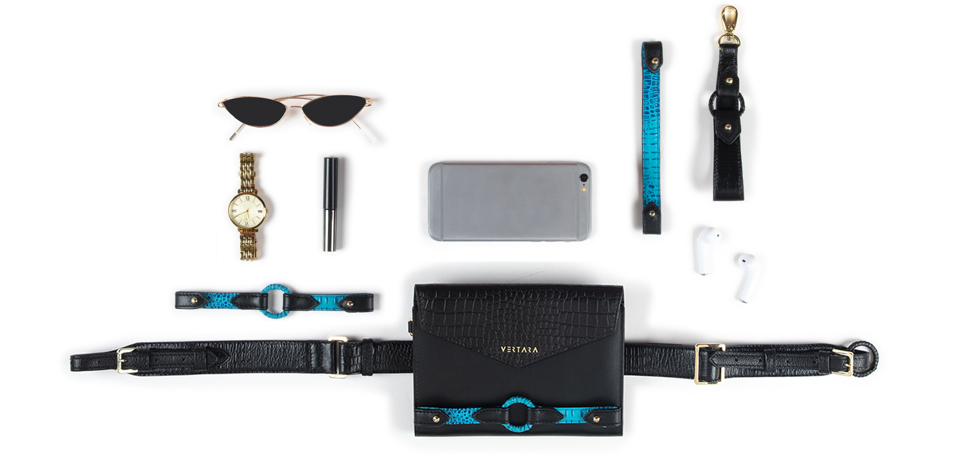 Ember Belt Bag-clutch-wallet-wristlet with Ember Bracelets in Black & Turquoise Leather fits cards, cash & phone.